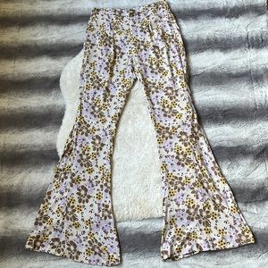 Free People Cream Brown Purple and Yellow Floral Patterned Flare Zip-Up Pants